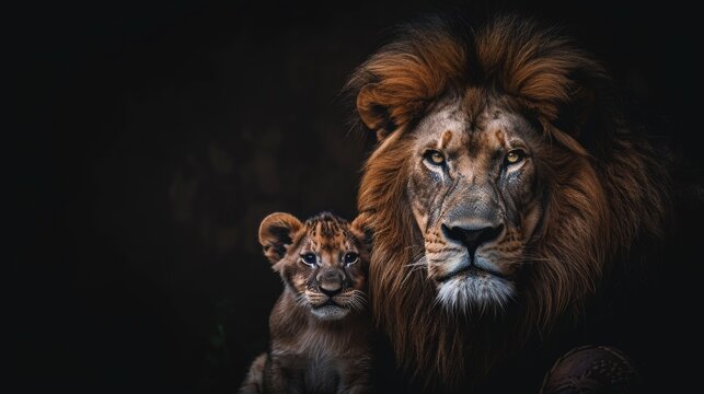 Male lion and cub portrait with ample space for text, object placed on the right side