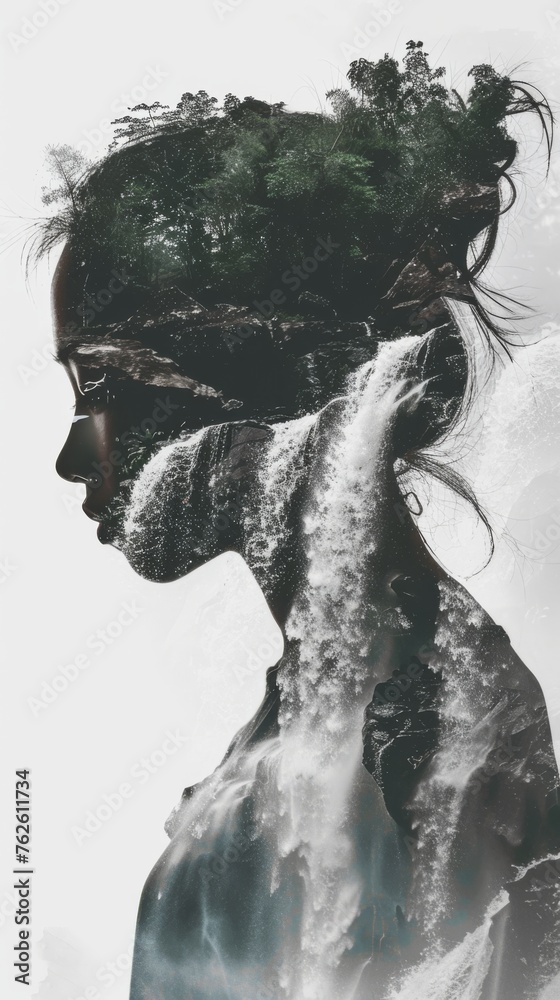 Poster a woman standing in front of a waterfall, with a tree seemingly growing from the top of her head. th