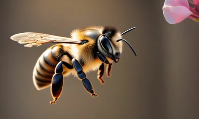 Fotobehang a cool stunning bee is flying, isolated on dark brown background, macro, incredible pollinator, king generative AI  © Fida