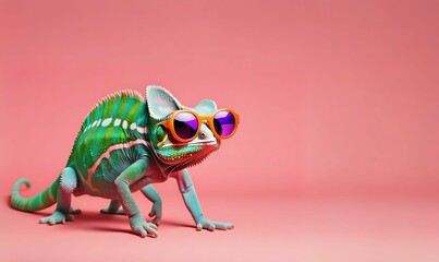 A cool chameleon wearing sunglasses on a solid color background, vector art, digital art, faceted, minimal, abstract, panorama background. Generative AI.