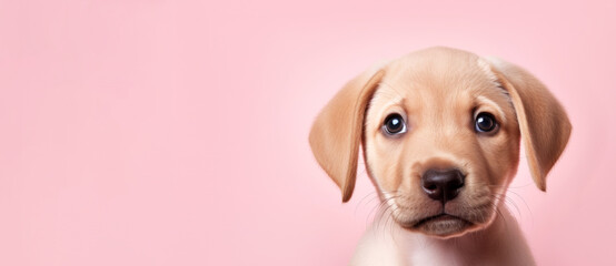 Cute Labrador Retriever puppy on soft pink background, banner with copy space, ideal for importance...