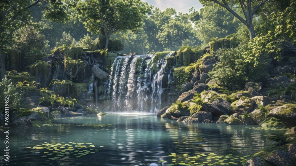Poster A painting depicting a majestic waterfall cascading down rocks in the midst of a dense forest. The lush greenery surrounds the powerful natural element, creating a harmonious scene.
