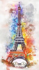 A detailed watercolor painting showcasing the iconic Eiffel Tower in Paris, capturing its intricate iron lattice structure and towering presence against the city skyline.