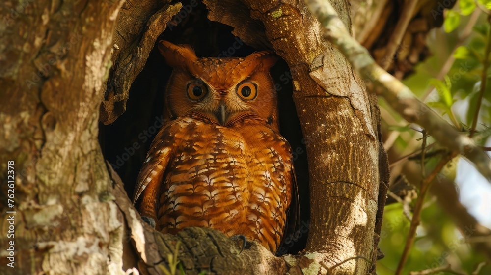 Poster a madagascar red owl is perched inside a hollow in a tree, surrounded by branches and leaves. the ow