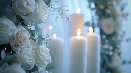 Obraz premium White candles white roses decoration wedding