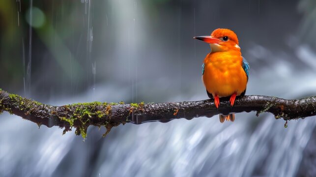 A Madagascar Pygmy Kingfisher is perched on a branch in front of a cascading waterfall. The bird is small in size with vibrant plumage, observing its surroundings while staying alert. The waterfall be