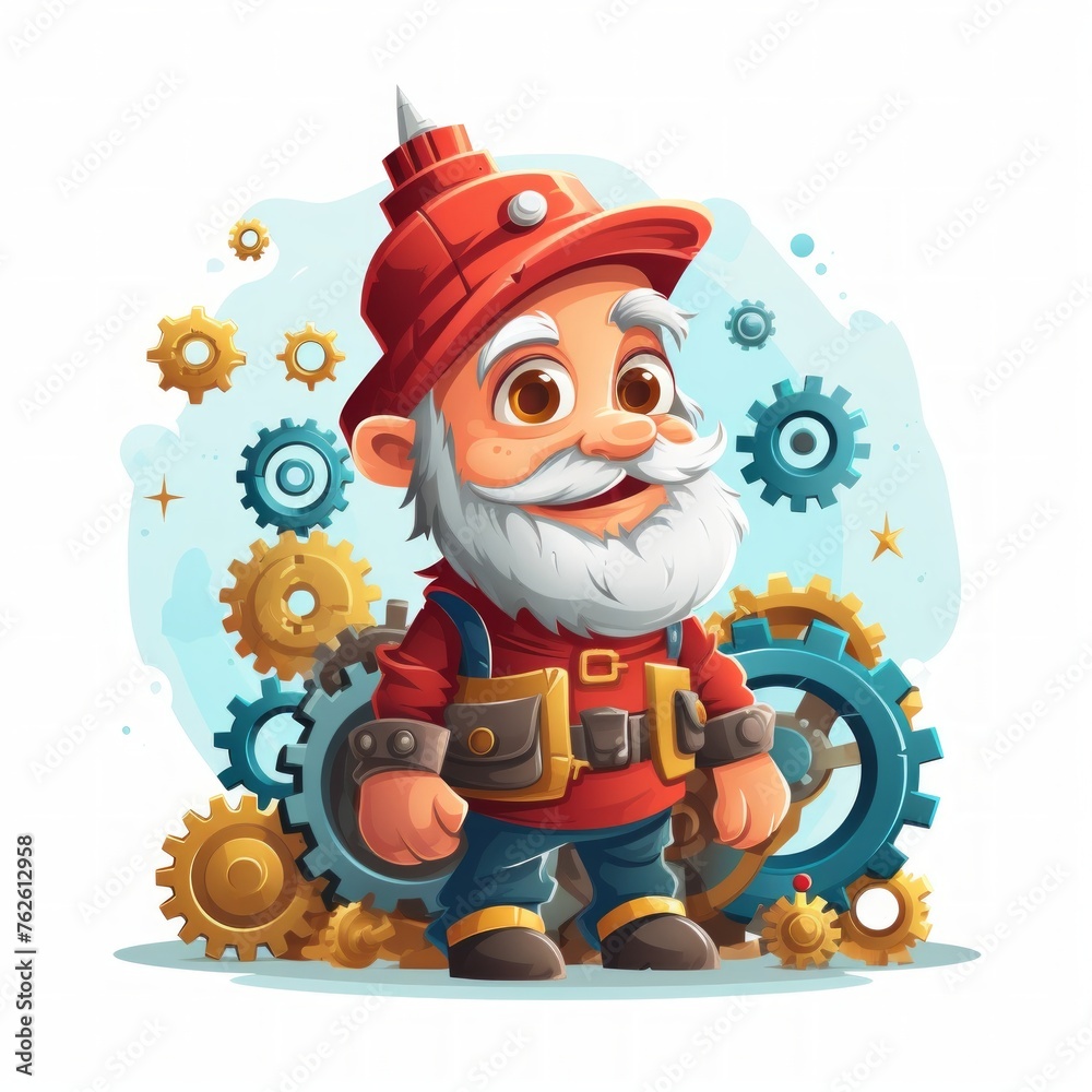 Poster Generative AI A curious gnome-like character tinkering with gears, portraying a young inventor.