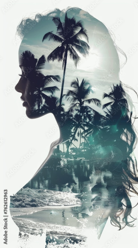 Poster a womans face is shown against a backdrop of palm trees. the double exposure artwork merges the feat