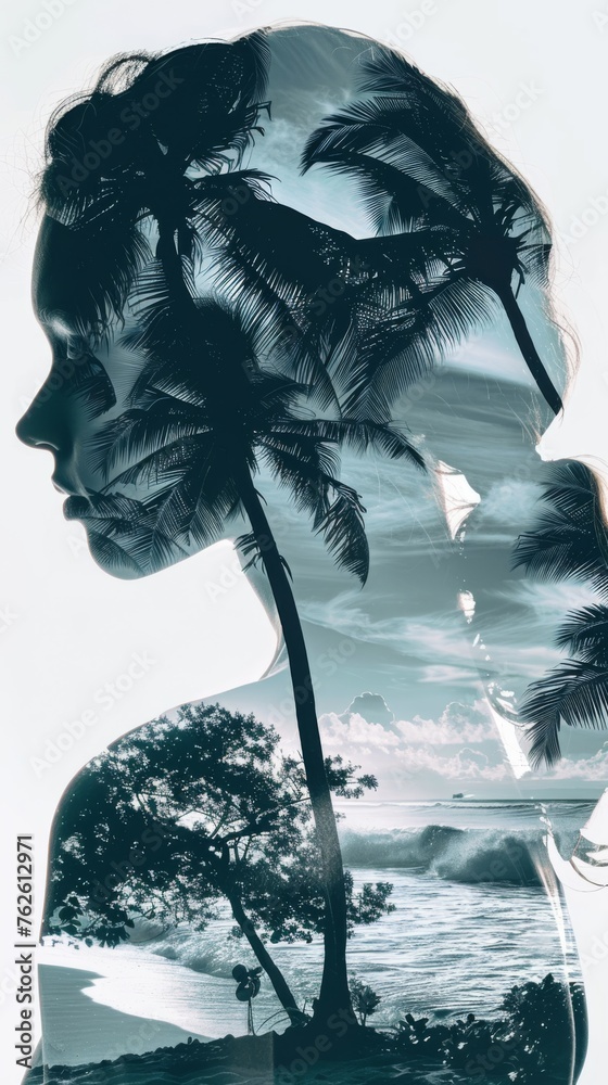 Aufkleber a womans face is featured prominently against a backdrop of palm trees. the focus is on the facial e