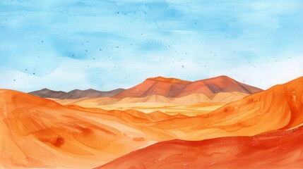 A detailed watercolor painting depicting the Sahara Desert with towering mountains in the background.