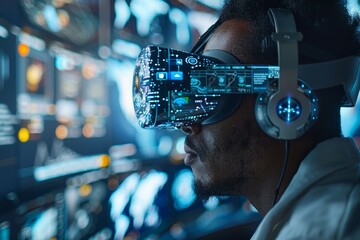 Man using advanced virtual reality headset with digital overlays.