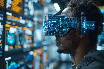 Man using advanced virtual reality headset with digital overlays.