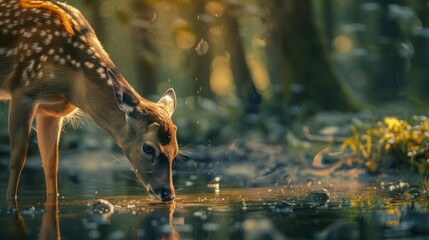 A deer drinks water - obrazy, fototapety, plakaty