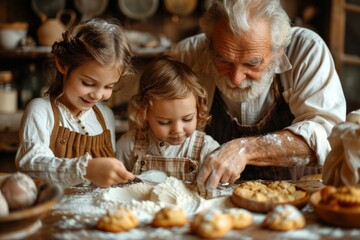 Grandfather baking cookies with grandchildren, happy kitchen moments.