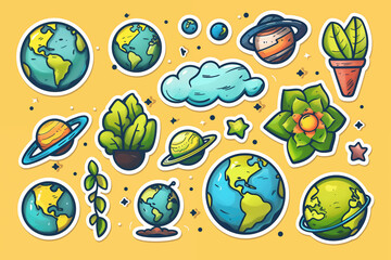Collection set of colorful cartoon space and nature themed stickers on yellow background. Stickers for Earth Day