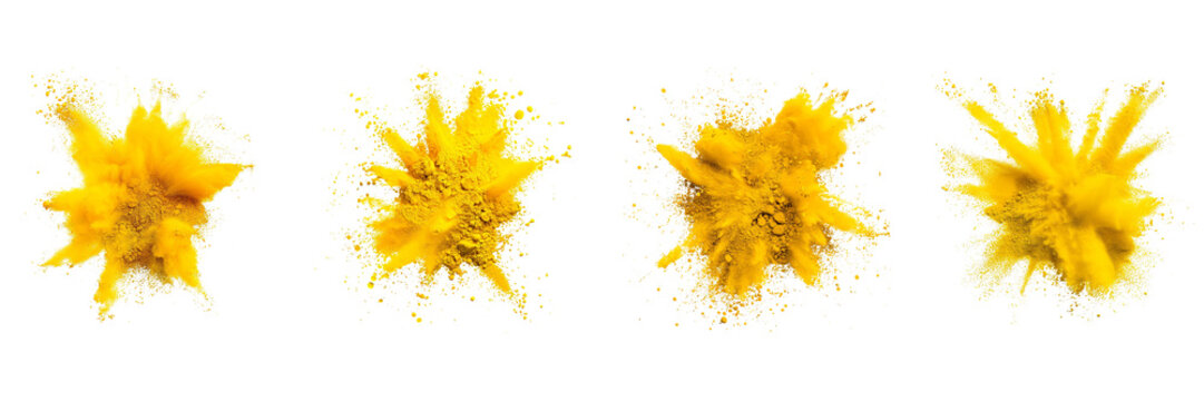 Set of yellow color explosion of holi powder isolated on a transparent background