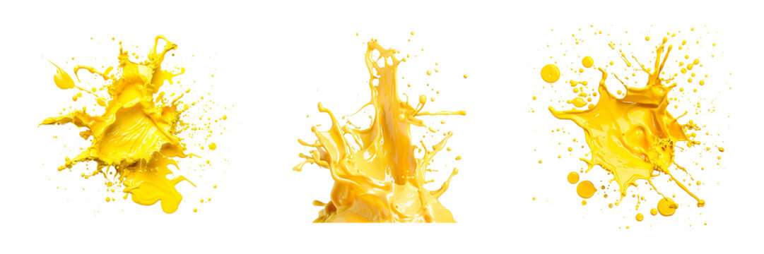 Set of yellow color explosion of plastic paint isolated on a transparent background