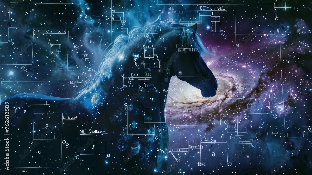 Aufkleber a horse is in the center of a galaxy with a lot of numbers and equations surrounding it. concept of 