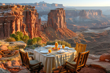 On the edge of a vivid pop artinspired canyon a breakfast table catches the first light the stark...