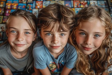 Three siblings with board games, close-up of joyful faces.