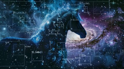 A horse is in the center of a galaxy with a lot of numbers and equations surrounding it. Concept of mystery and wonder, as if the horse is a symbol of knowledge and discovery in the vastness of space - obrazy, fototapety, plakaty
