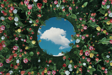 Circle mirror reflecting clouds. Surrounded by colorful tulips. Flat lay of nature style concept. 3D Rendering