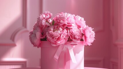 Peonies bouquet in a pink round box tied with a bow