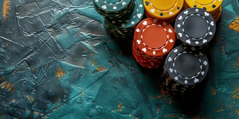colored gaming chips on the background of a casino gaming table. Concept: poker and other betting games. banner with copy space - obrazy, fototapety, plakaty