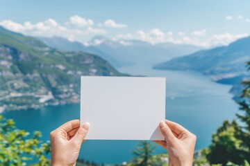 Womans hands holding a blank white card, against the backdrop of a summer panoramic landscape with lake, mountains and sunny blue sky.