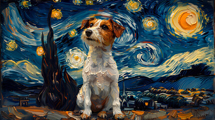 Adorable Jack Russell in a Van Gogh painting, Starry Night