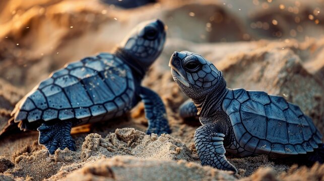 Baby turtles on beach sand. Wild ocean newborn sea turtles on coast.