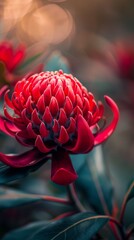 A detailed view of a vibrant red Waratah flower, showcasing its intricate petals and center with a blurred background adding depth to the composition.