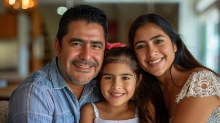 Obraz premium A man, woman, and child are posing for a family portrait. They are standing together, smiling at the camera, and looking happy.