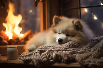 Cute fluffy puppy, The interior is warm and bright сreated with Generative Ai