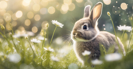 Fototapeta na wymiar Cute bunny on spring grass, sunny bokeh on background. Generative AI.
