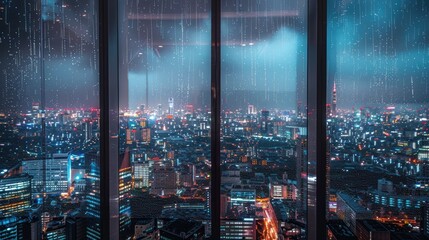 Rain drops on window with cityscape at night