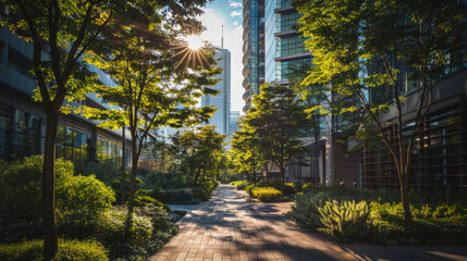 A contemporary urban area designed according to the Garden City concept, with an abundance of trees - 762614383