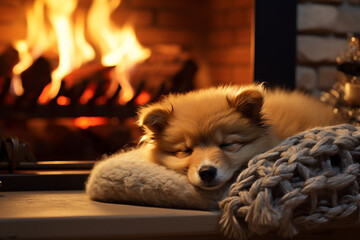 Cute fluffy puppy, The interior is warm and bright сreated with Generative Ai