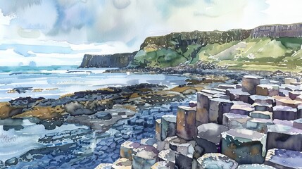 A watercolor painting depicting a rocky beach with a tall cliff in the background. The rugged shoreline is filled with intricate details, capturing the essence of the coastal landscape.