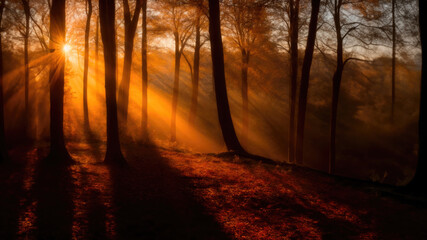 Mystical Dawn: Forest Bathed in Sunlight and Mist