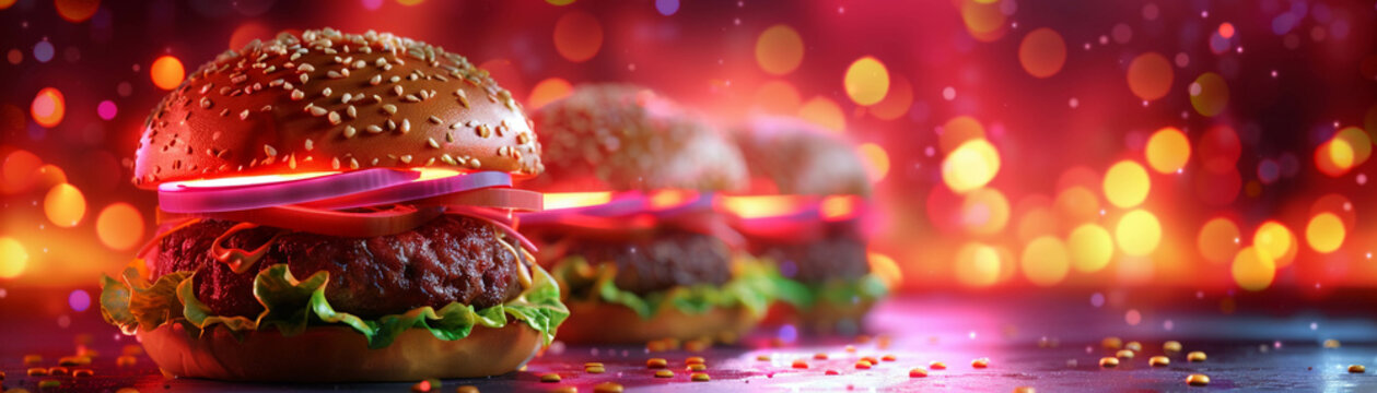 Develop a neon-inspired 3D infographic detailing the nutritional value and calorie content of popular hamburger ingredients, suitable for use in stock image collections, close-up