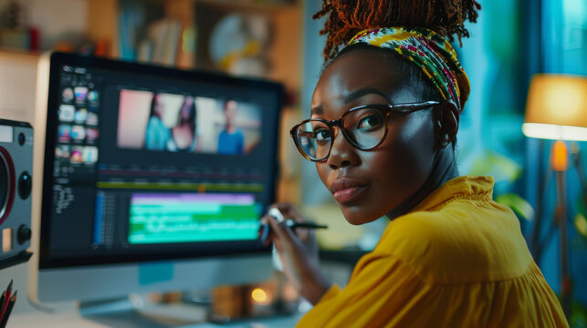 A Fashionable beautiful black woman editor is holding a mouse pen while working on video editing. She seems to be enjoying her job as she creates content