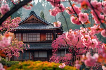 A traditional Japanese house with a tiled roof and wooden walls is surrounded by vibrant pink...