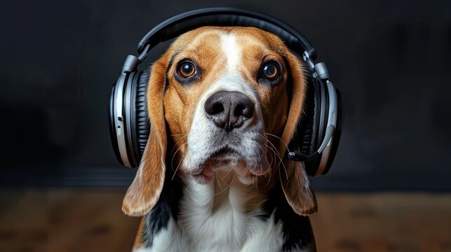 Adorable Beagle Dog with Headphones: Playful Charm and Curiosity Captured as the Dog Gazes Directly at the Camera, Irresistible Blend of Technology and Pet Personality
