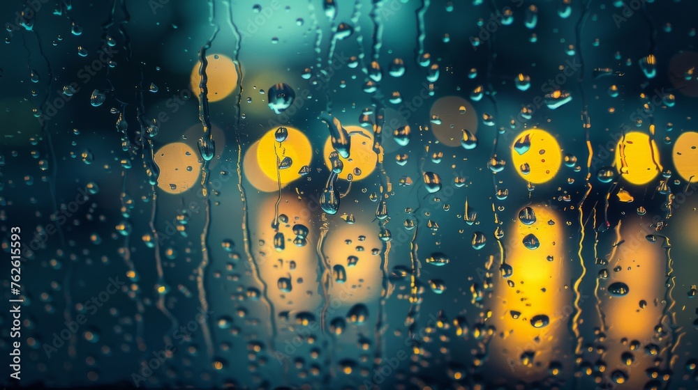 Aufkleber Rain drops are seen cascading down a window with yellow lights glowing in the background. The droplets create a pattern as they slide down the glass, reflecting the warm glow of the lights behind them