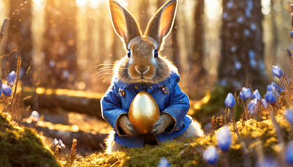 Easter bunny in a blue jacket with colorful Easter eggs. Generative AI