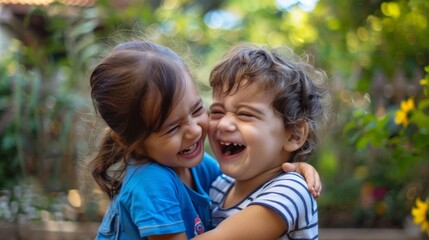 Two young individuals, likely siblings, embracing each other warmly in an outdoor setting. Their faces are filled with joy and affection as they share a loving hug.