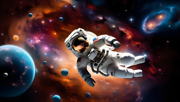 An astronaut floating in space with bubbles containing images of galaxies