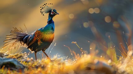 A vibrant Himalayan Monal bird stands on top of a grassy field. The birds colorful feathers shine under the sunlight as it surveys its surroundings. - obrazy, fototapety, plakaty