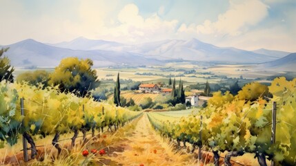 Fototapeta na wymiar Generative AI Sun-drenched vineyards during harvest. aquarelle